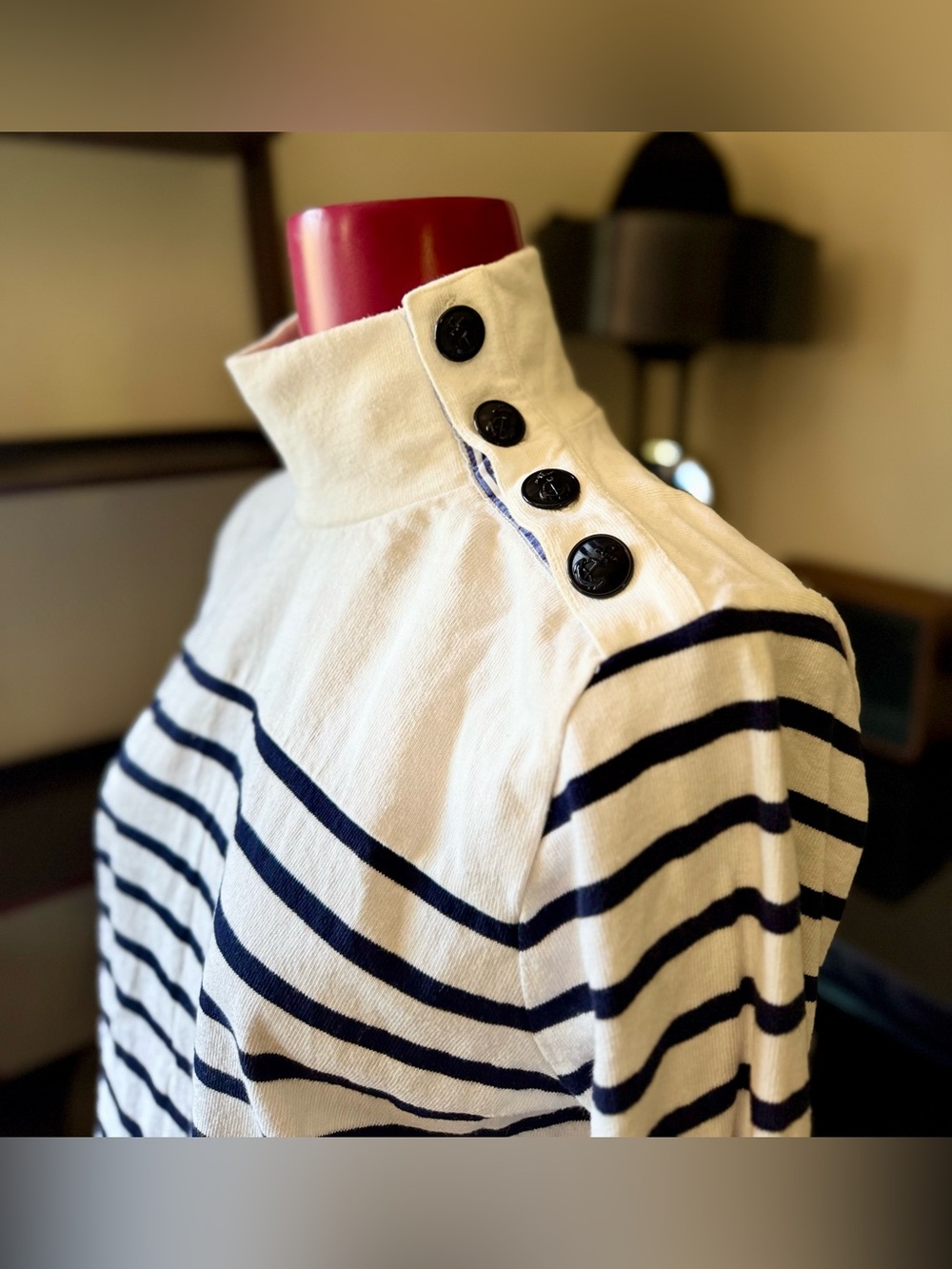 J Crew Striped Button-Shoulder Turtleneck Sweater - Navy & Cream